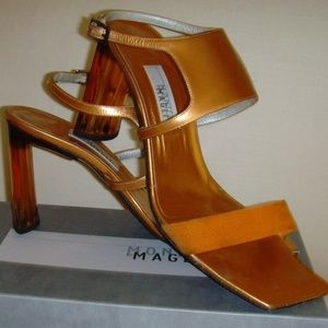 Monica by Magli Orange Metallic and Suede Strappy Heels 7.0